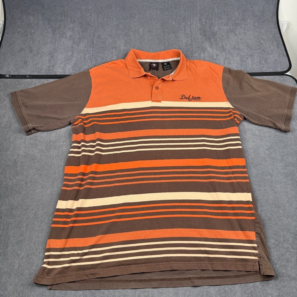 Def Jam University Polo Shirt Mens XL Brown Orange Striped Y2K Streetwear